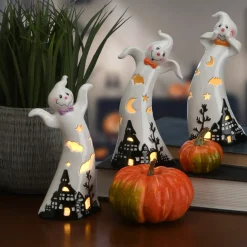 New National Tree Company 7 in. 3-Piece Halloween Three Dancing Ghosts Ceramic Decoration with LED Lights