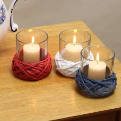 Online National Tree Company 3.5 in. 3-Piece Patriotic Candleholders Decorated with Red White and Blue Thread