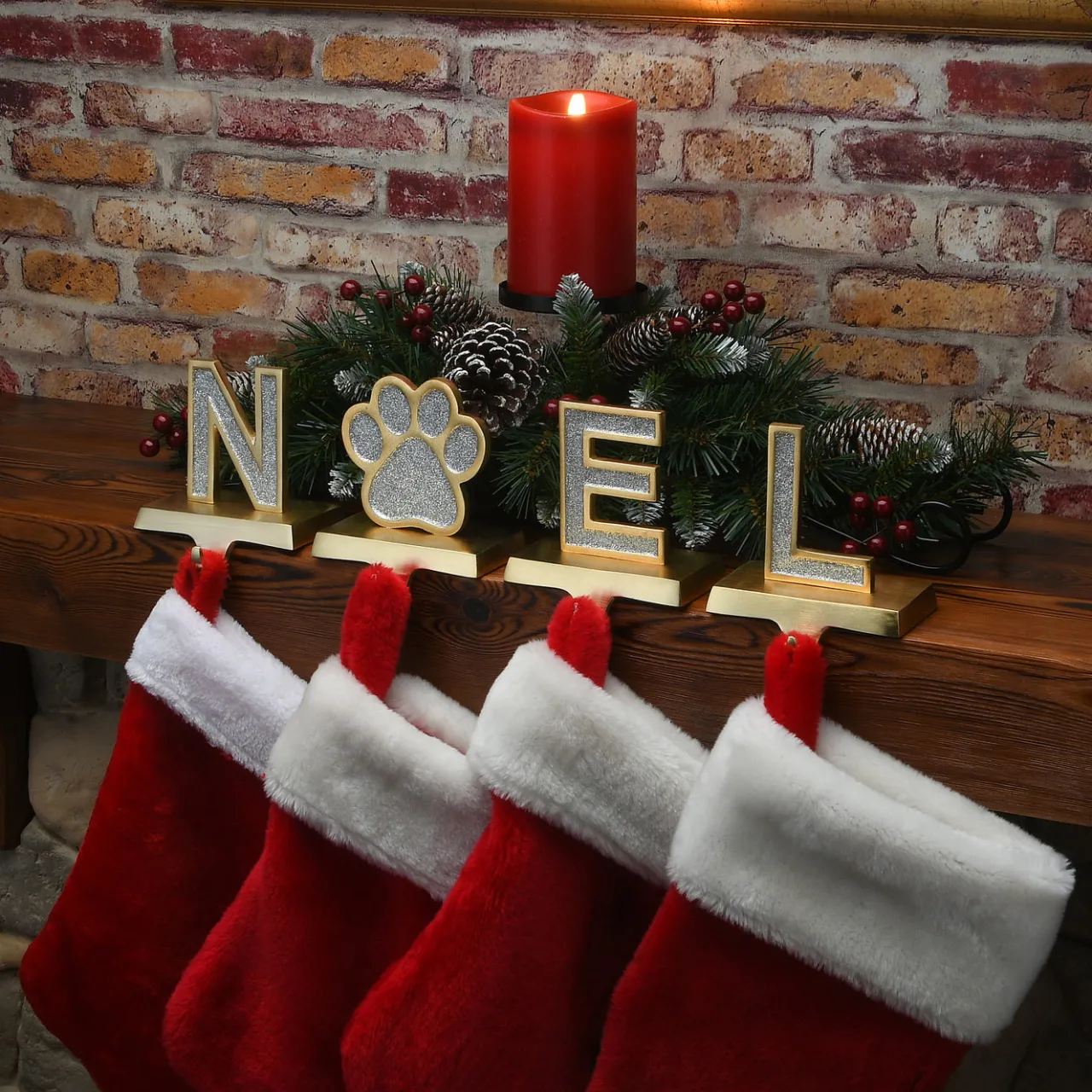 Best National Tree Company 5 in. 4-Piece Silver Sparkle NOEL Christmas Stocking Holders, Silver and Gold with Paw Print
