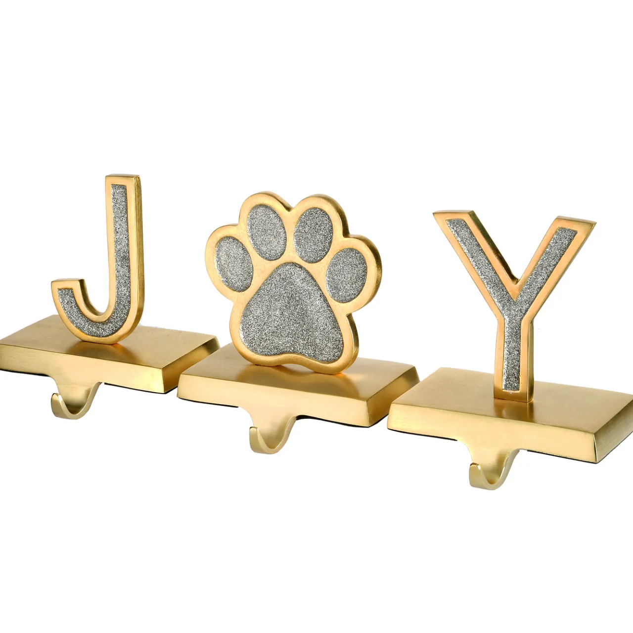 New National Tree Company 5 in. 3-Piece Silver Sparkle JOY Christmas Stocking Holders, Silver and Gold with Paw Print