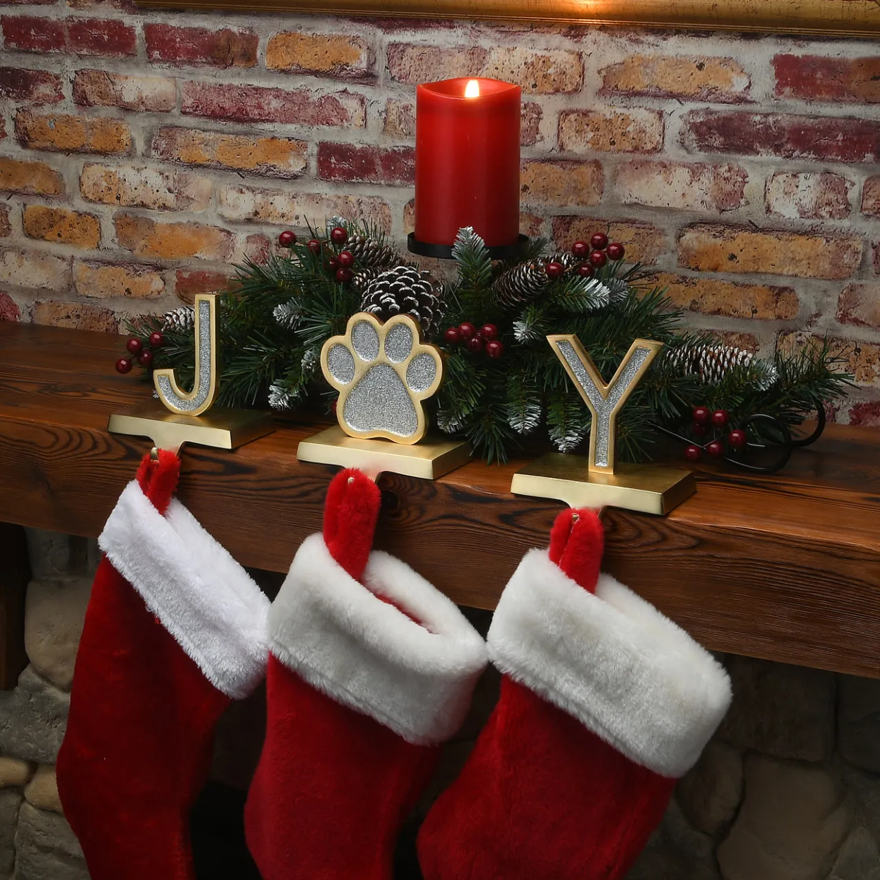 New National Tree Company 5 in. 3-Piece Silver Sparkle JOY Christmas Stocking Holders, Silver and Gold with Paw Print