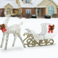 National Tree Company 48 in. Pre Lit Sisal Reindeer and Sleigh Decoration with Cool White LED Lights