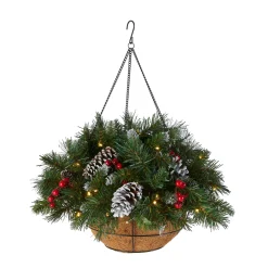 New National Tree Company 20 in. Pre-Lit Frosted Berry Hanging Basket with LED Lights
