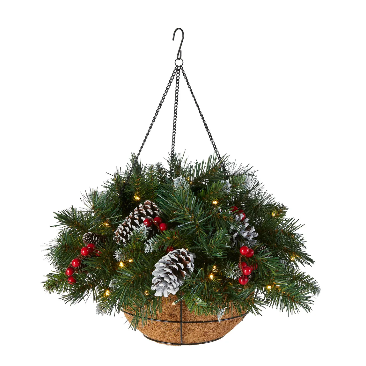 New National Tree Company 20 in. Pre-Lit Frosted Berry Hanging Basket with LED Lights