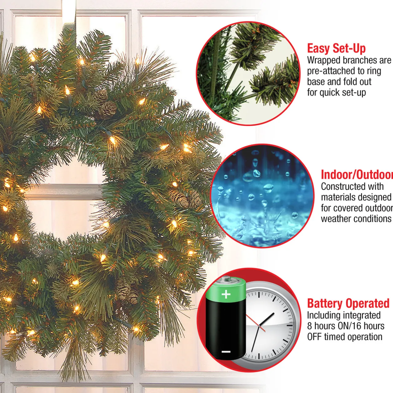 Hot National Tree Company 24 in. Pre-Lit Carolina Pine Wreath with LED Lights