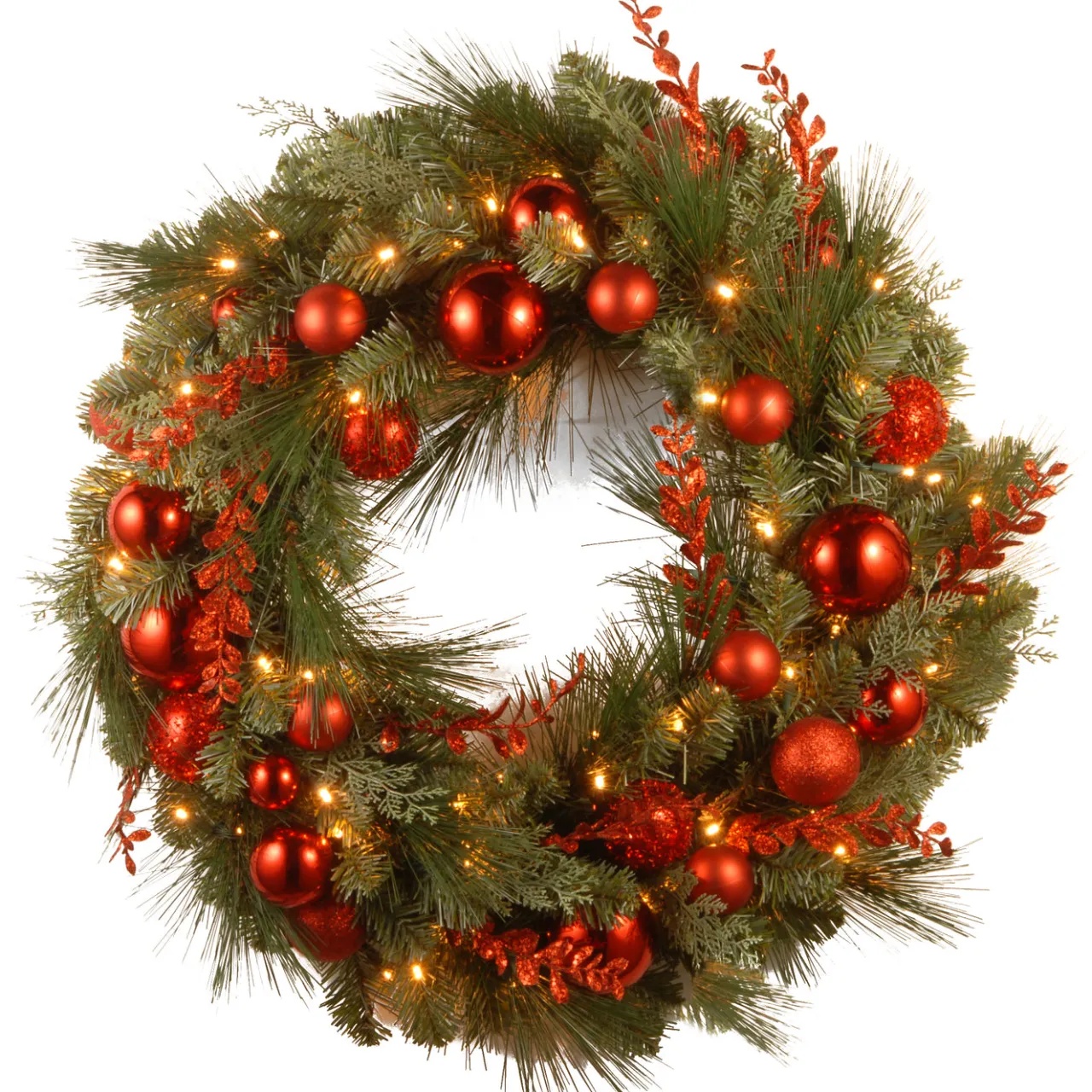 Online National Tree Company 24 in. Pre-Lit Decorative Collection Red Mixed Wreath with Warm White LED Lights