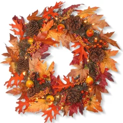Outlet National Tree Company 24 in. Pre-Lit Fall Wreath with Gourds, Pinecones, Maple Leaves, Berry Clusters and Lights
