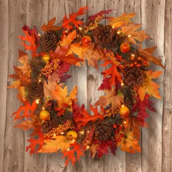 Outlet National Tree Company 24 in. Pre-Lit Fall Wreath with Gourds, Pinecones, Maple Leaves, Berry Clusters and Lights