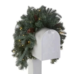 New National Tree Company 36 in. Pre-Lit Frosted Arctic Spruce Mailbox Swag with LED Lights