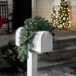 New National Tree Company 36 in. Pre-Lit Frosted Arctic Spruce Mailbox Swag with LED Lights