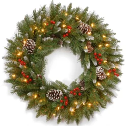 National Tree Company 30 in. Pre-Lit Frosted Berry Wreath with Clear Lights
