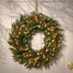 National Tree Company 30 in. Pre-Lit Frosted Berry Wreath with Clear Lights