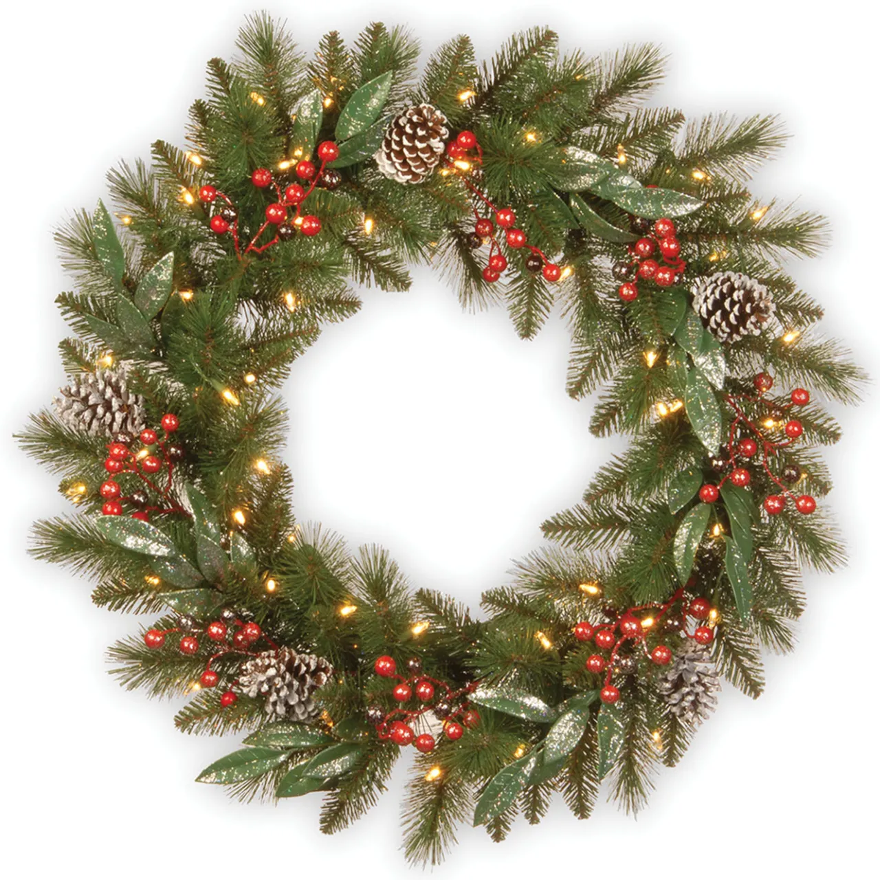 National Tree Company 30 in. Pre-Lit Frosted Pine Berry Wreath with LED Lights