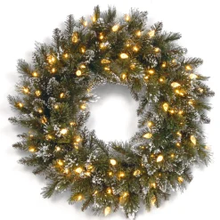 New National Tree Company 24 in. Pre-Lit Glittery Bristle Pine Wreath with Warm White LED Lights