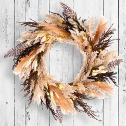 Hot National Tree Company 26 in. Pre-Lit Halloween Orange and Black Pampas Wreath with LED Lights