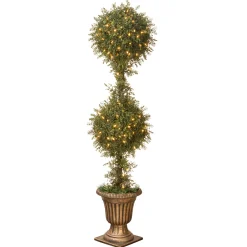 Discount National Tree Company 60 in. Pre-Lit Mini Tea Leaf 2 Ball Topiary in a Gold Urn with Clear Lights