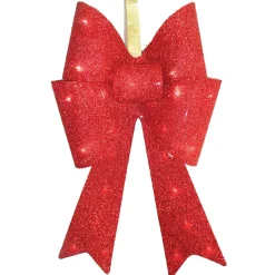 Hot National Tree Company 20 in. Pre-Lit Red Fabric Bow with Battery Operated LED Lights