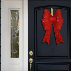 Hot National Tree Company 20 in. Pre-Lit Red Fabric Bow with Battery Operated LED Lights