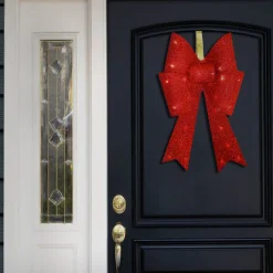 Hot National Tree Company 20 in. Pre-Lit Red Fabric Bow with Battery Operated LED Lights
