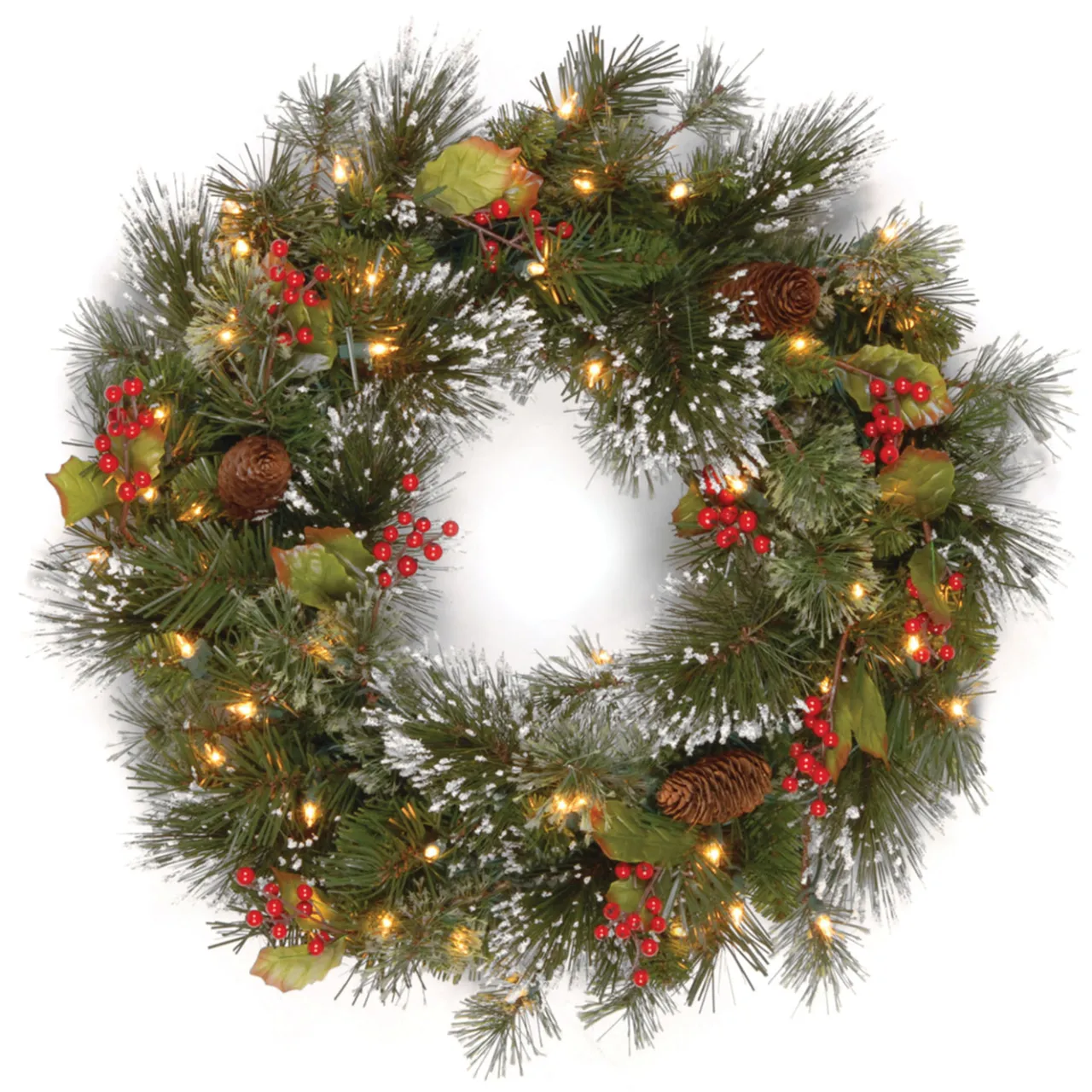 Clearance National Tree Company 24 in. Pre-Lit Wintry Pine Wreath with Clear Lights
