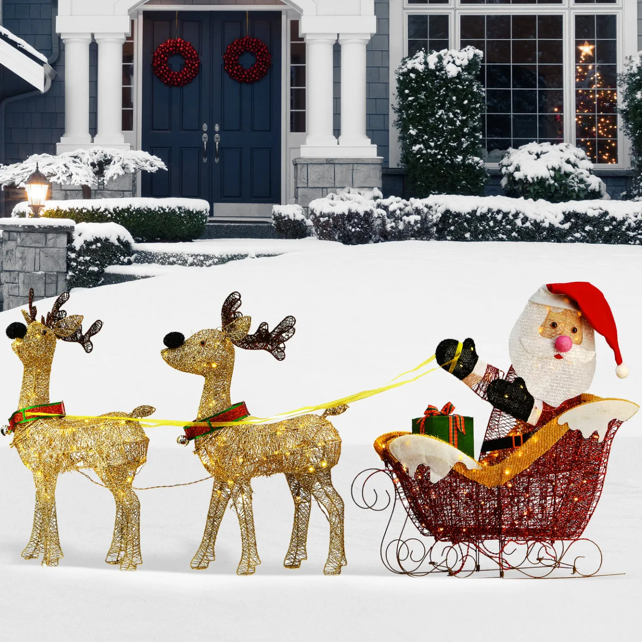 New National Tree Company 34 in. Santa and Reindeer with Clear Lights