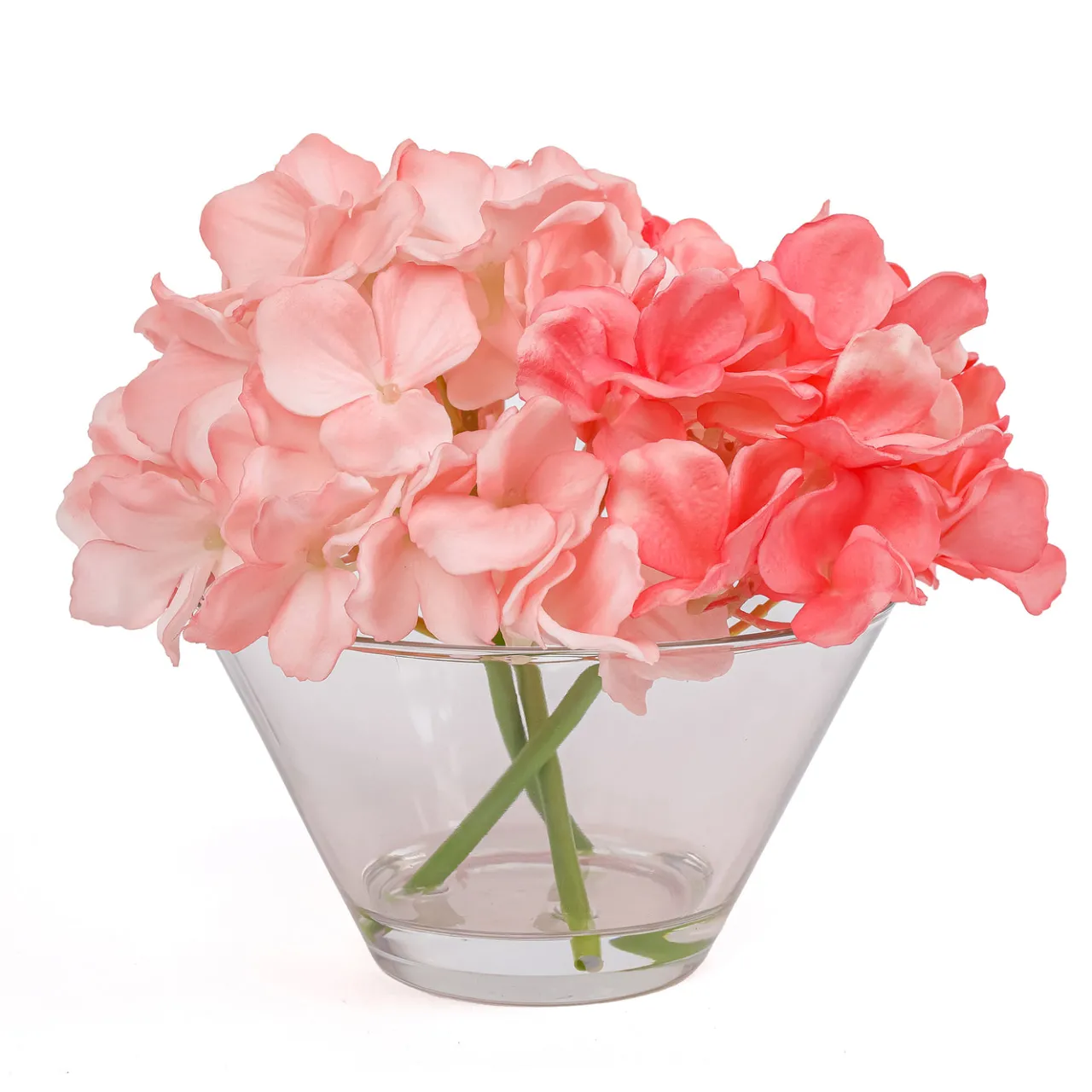 New National Tree Company 8 in. Spring Coral Hydrangea Bouquet in Glass Vase