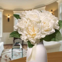 Clearance National Tree Company 12 in. Spring Floral Bouquet with Cream Rose and Peony Blooms, Ribbon, Seed Pods, Leafy Greens