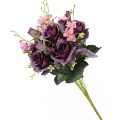Best National Tree Company 19 in. Spring Floral Bouquet with Deep Purple Rose Blooms, Pink Flowers, Seed Pods, Leafy Greens