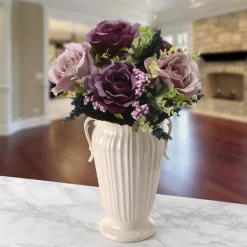 Online National Tree Company 19 in. Spring Floral Bouquet with Purple and Pink Rose Blooms, Berry Clusters, Seed Pods, Leafy Greens