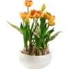 Discount National Tree Company 18 in. Spring Flower Potted Plant with Yellow Tulips, Vibrant Green Stems, Fern Fronds in a Stylish Ceramic Pot Base