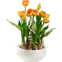 Discount National Tree Company 18 in. Spring Flower Potted Plant with Yellow Tulips, Vibrant Green Stems, Fern Fronds in a Stylish Ceramic Pot Base