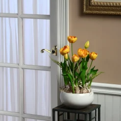 Discount National Tree Company 18 in. Spring Flower Potted Plant with Yellow Tulips, Vibrant Green Stems, Fern Fronds in a Stylish Ceramic Pot Base