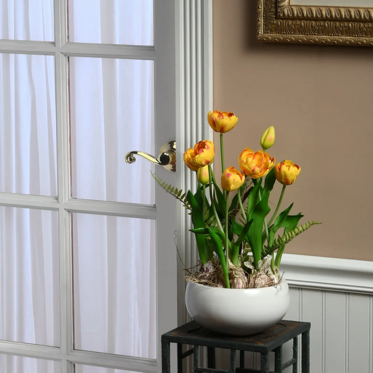 Discount National Tree Company 18 in. Spring Flower Potted Plant with Yellow Tulips, Vibrant Green Stems, Fern Fronds in a Stylish Ceramic Pot Base