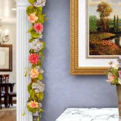 Online National Tree Company 70 in. Spring Garland with Multicolor Hydrangea, Rose and Dahlia Blooms, Berry Clusters, Leafy Greens