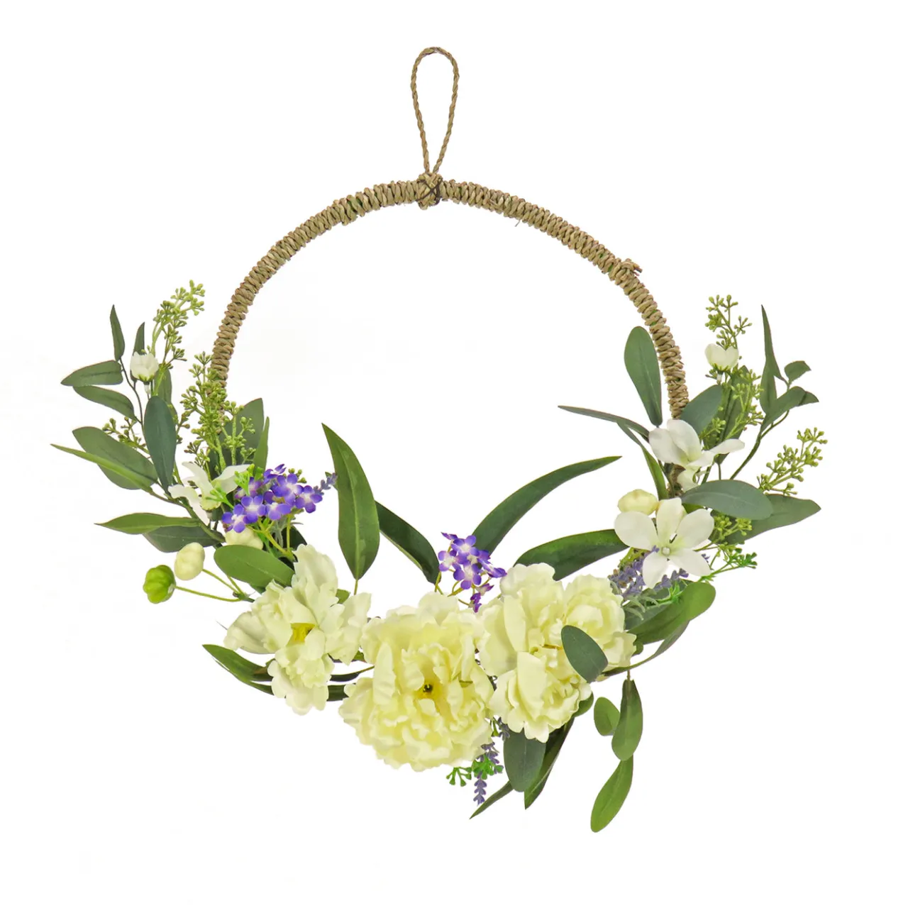 Discount National Tree Company 18 in. Spring Hoop Wreath with Peony Flower Blooms, Mini Blossoms, and Flowing Green Stems