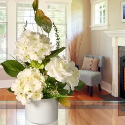 Outlet National Tree Company 9 in. Spring Hydrangea Blooms Flower Potted in a White Pot Base