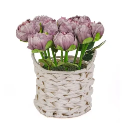 Best National Tree Company 10 in. Spring Light Purple Peony Flower Bouquet in White Basket