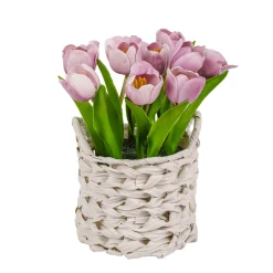 New National Tree Company 10 in. Spring Mauve Tulip Bouquet in White Basket