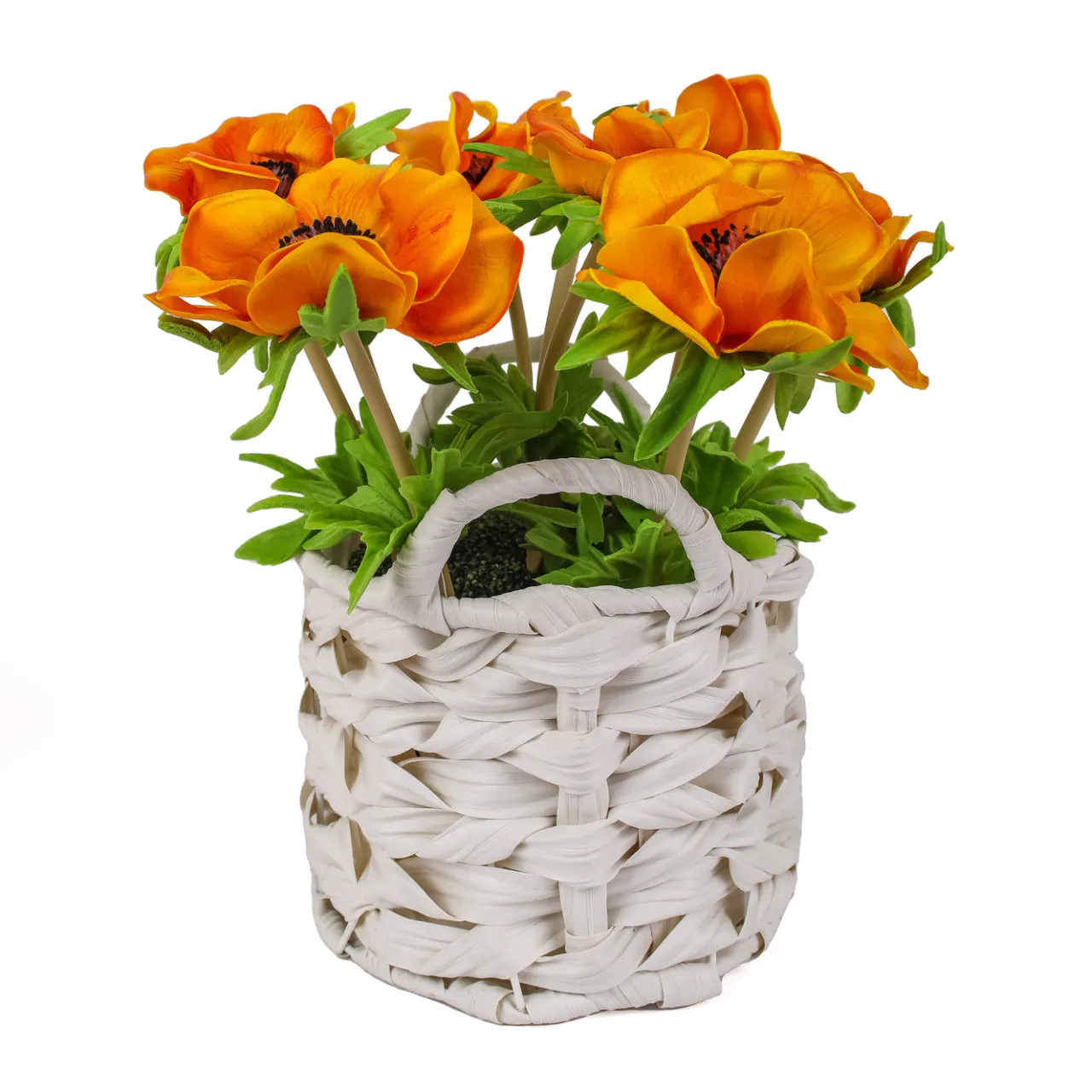Outlet National Tree Company 10 in. Spring Orange Anemone Flower Bouquet in White Basket