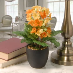 Online National Tree Company 12 in. Spring Orange Flower Blooms Potted Plant in Black Ceramic Pot