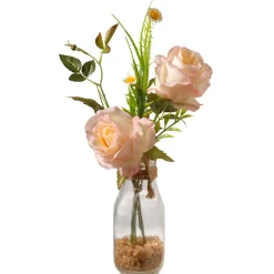 Best National Tree Company 13 in. Spring Peach Roses Flower Bouquet in Glass Vase with Leafy Greens