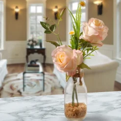 Best National Tree Company 13 in. Spring Peach Roses Flower Bouquet in Glass Vase with Leafy Greens