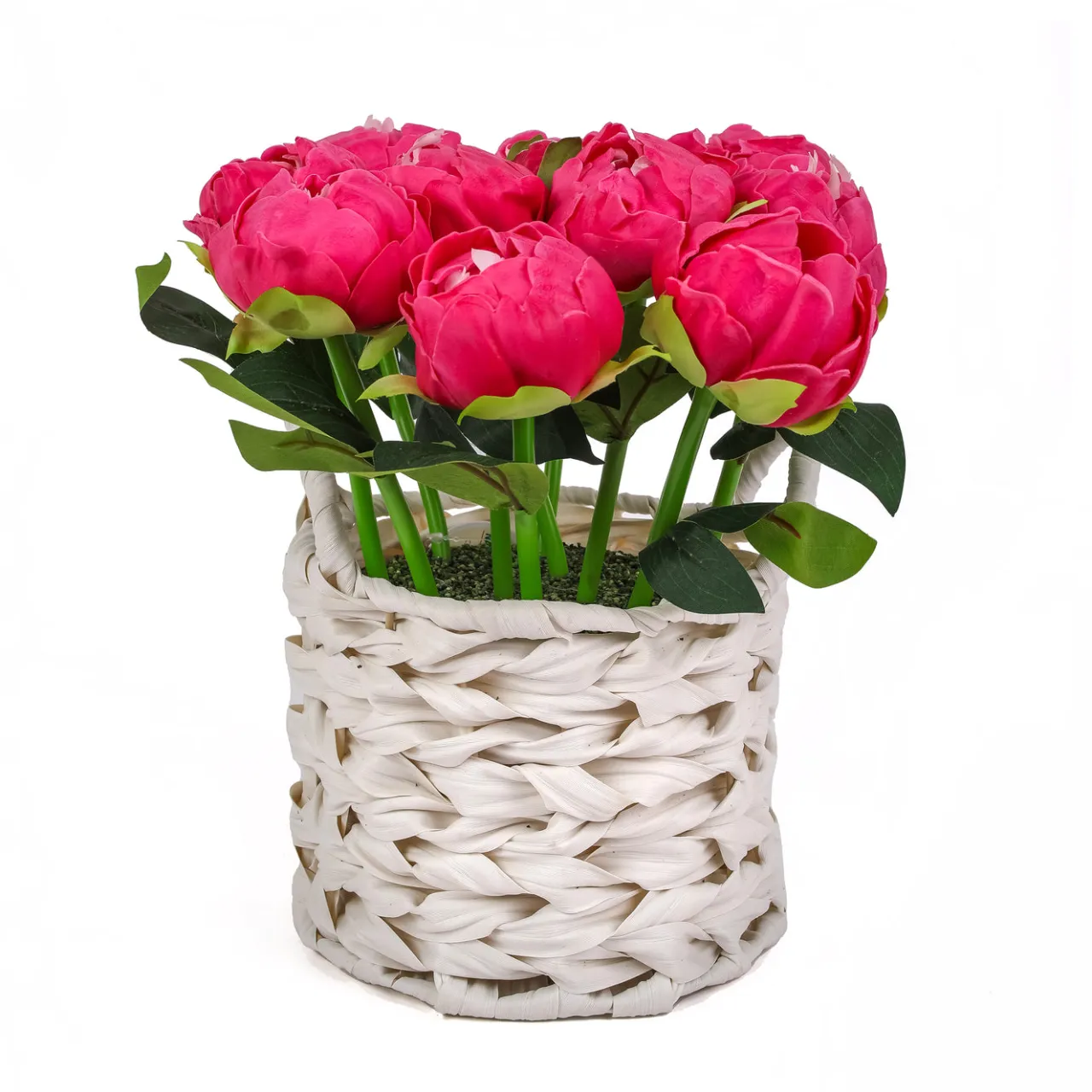 New National Tree Company 10 in. Spring Pink Peony Flower Bouquet in White Basket