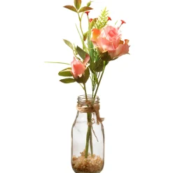 Online National Tree Company 12 in. Spring Pink Roses Flower Bouquet in Glass Vase with Leafy Greens