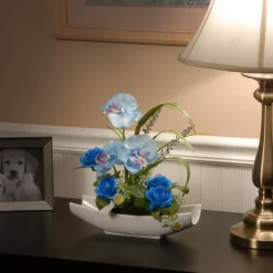 Clearance National Tree Company 15 in. Spring Potted White Orchid and Blue Roses Flower Pot with Leafy Greens