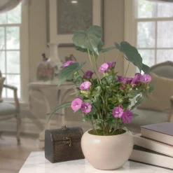Online National Tree Company 18 in. Spring Purple Flower Blooms Potted Plant in a Cream Ceramic Pot