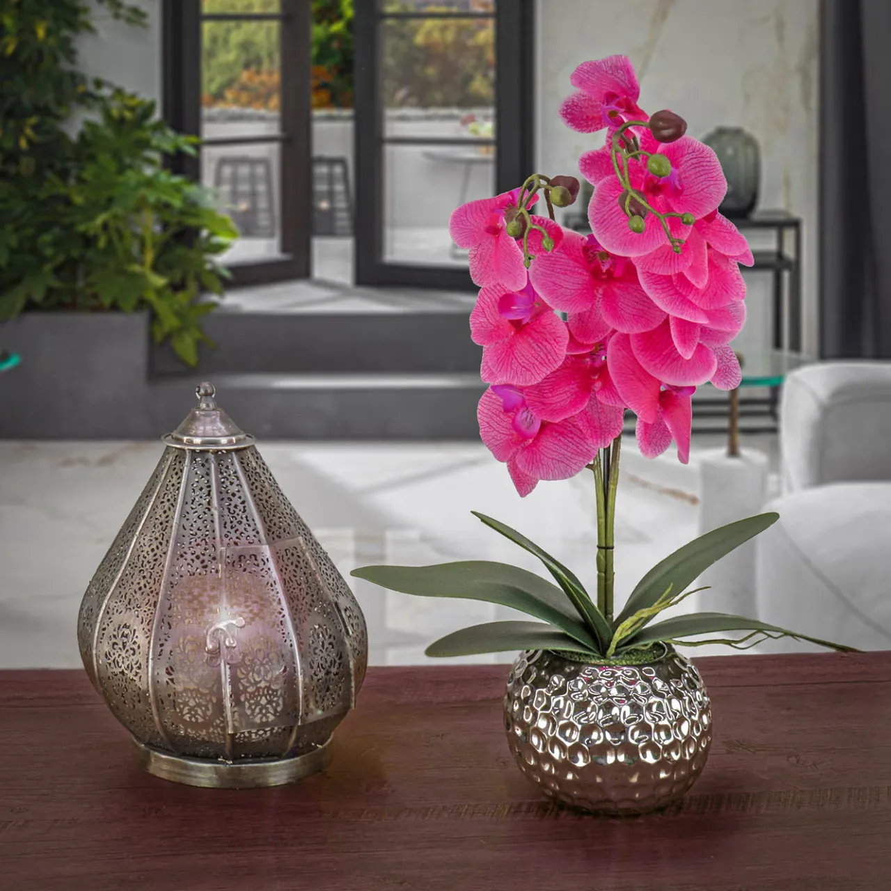 Best National Tree Company 21 in. Spring Purple Orchid in Silver Smooth Ceramic Pot
