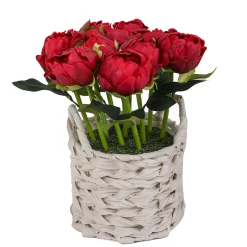 Outlet National Tree Company 10 in. Spring Red Peony Flower Bouquet in White Basket