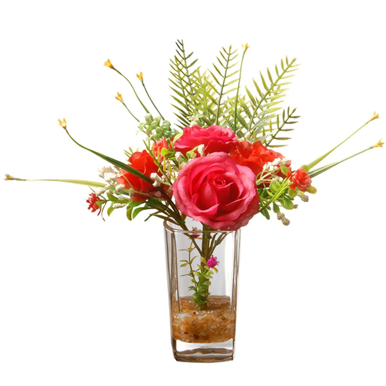 Discount National Tree Company 12 in. Spring Red Roses Flower Bouquet in Glass Vase with Leafy Greens