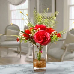 Discount National Tree Company 12 in. Spring Red Roses Flower Bouquet in Glass Vase with Leafy Greens